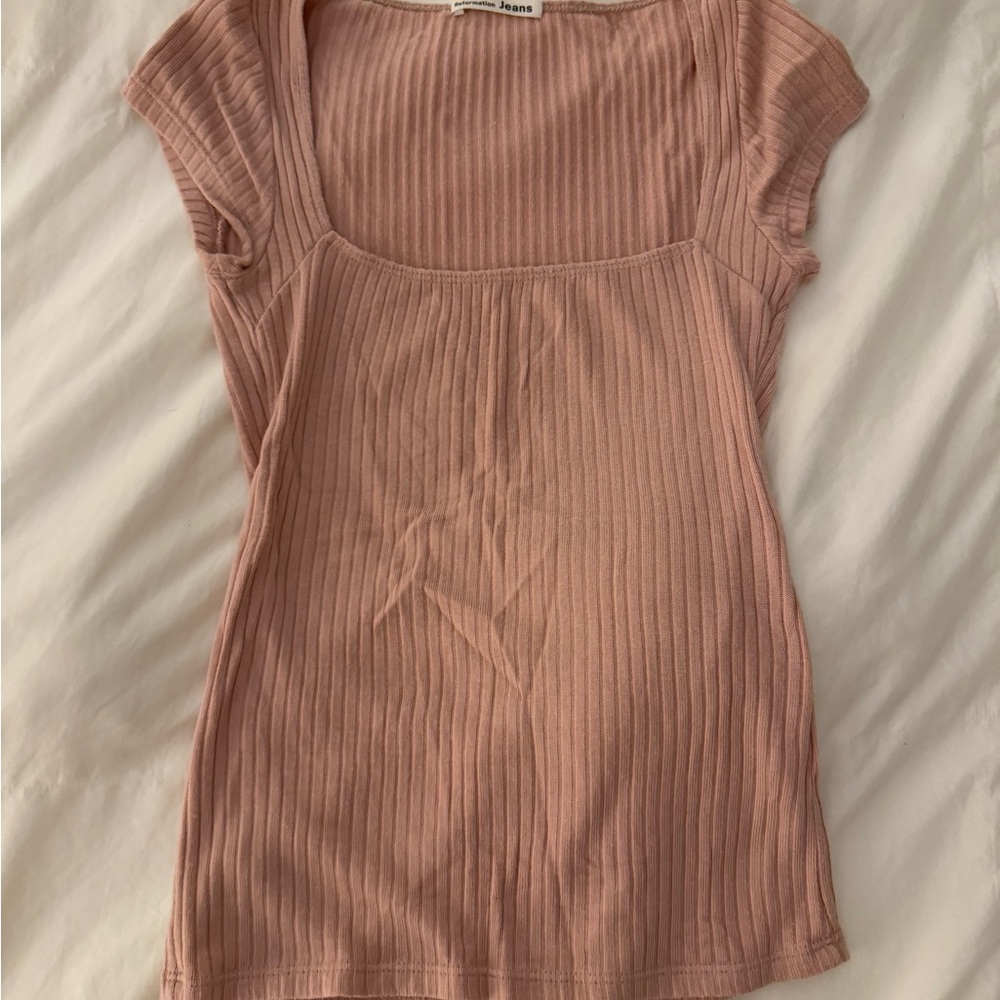 Reformation Pink Ribbed Cap Sleeve Blouse